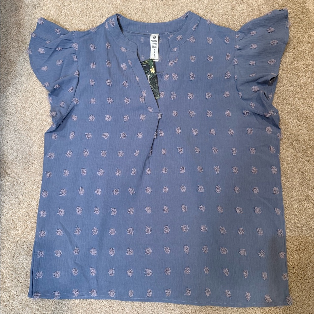 Blooming Jelly Blue Textured Dot Flutter Sleeve Blouse Women’s Size L